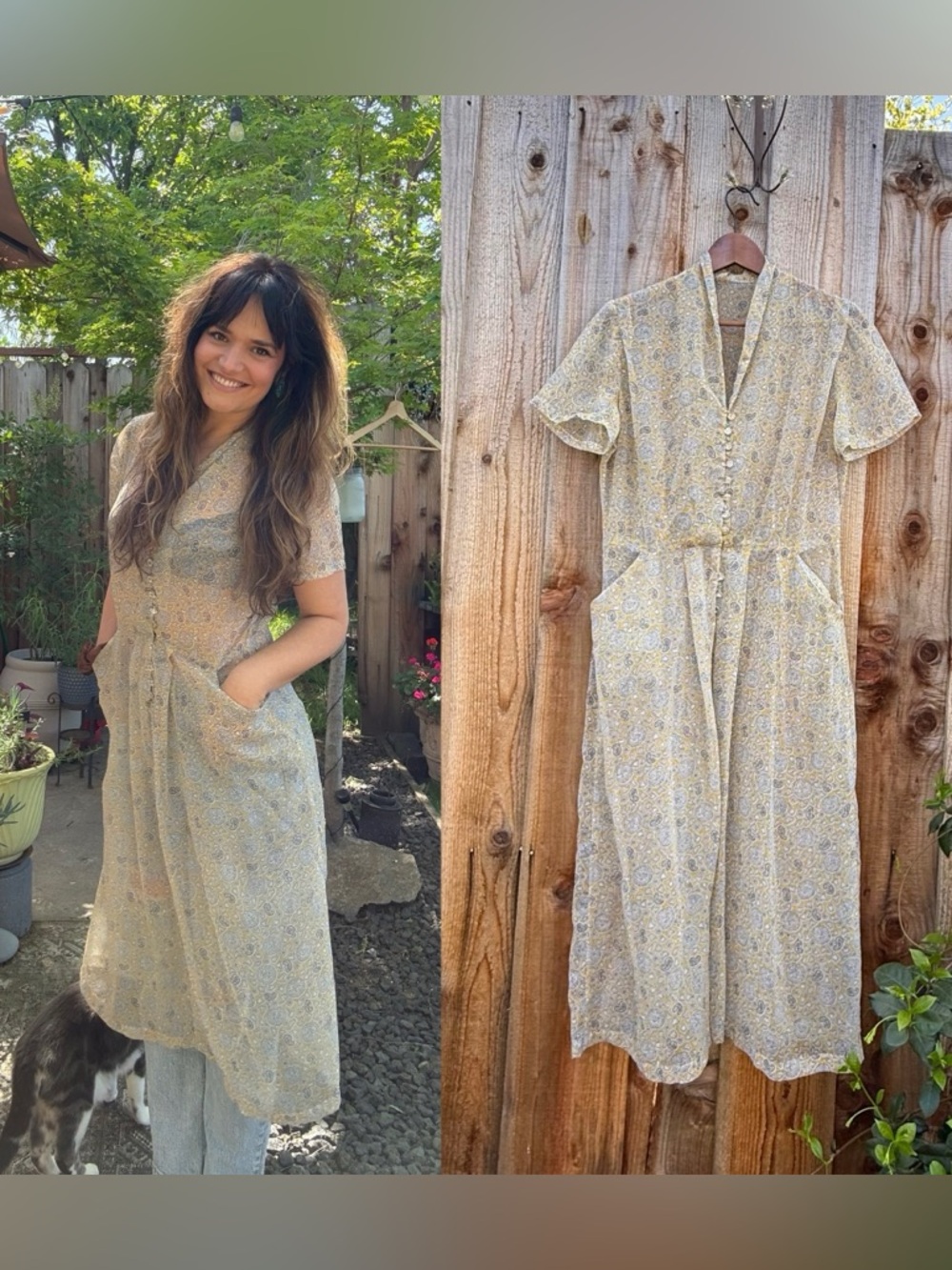 Vintage Butter Yellow Sheer Shortsleeve Paisley Midi Dress with Pockets 🌿